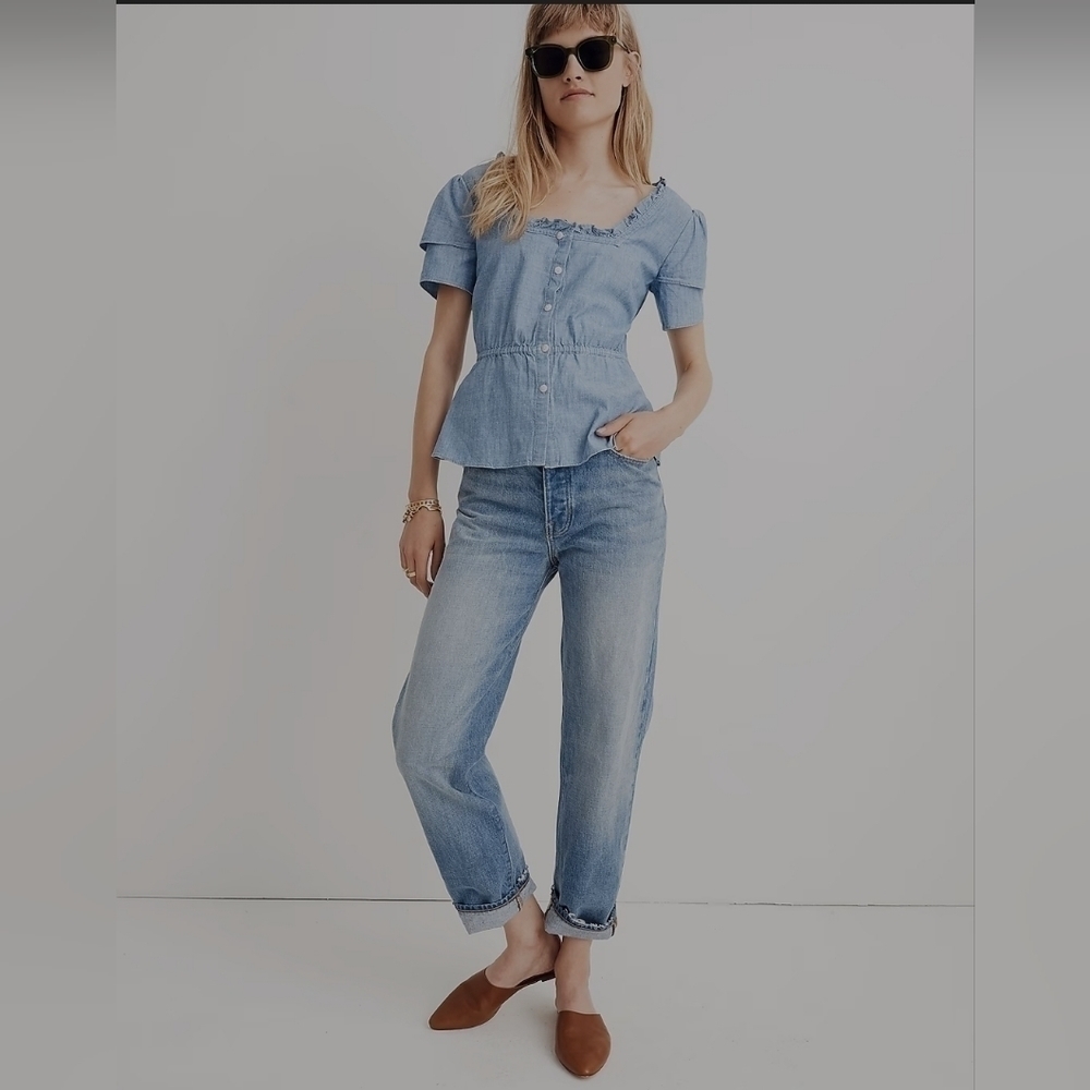 NWOT MADEWELL Chambray Ruffle-Sleeve Peplum Top S